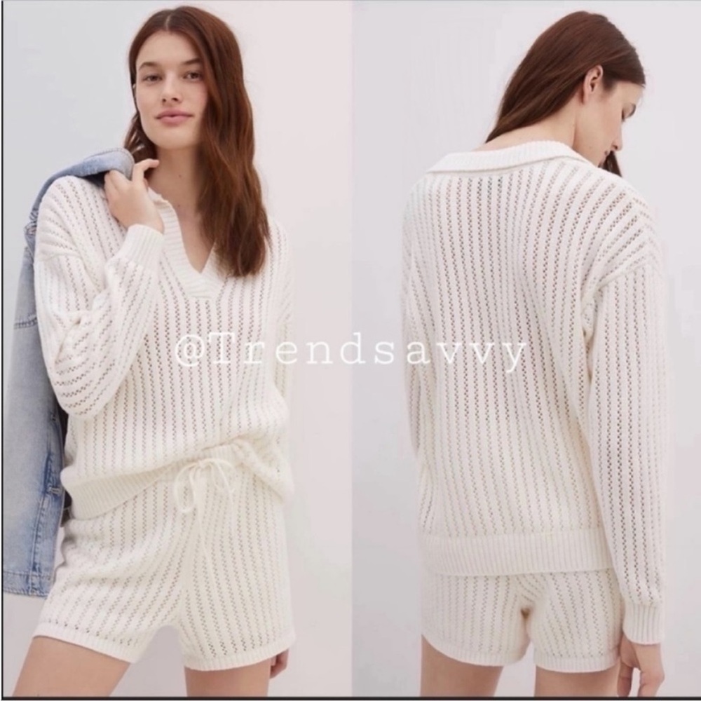 Anthropologie Current Air White Knit Lounge Set Petite SP Sweater Shorts Outfit